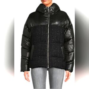 BCBG NWOT Black Tweed Hooded Puffer Jacket XL